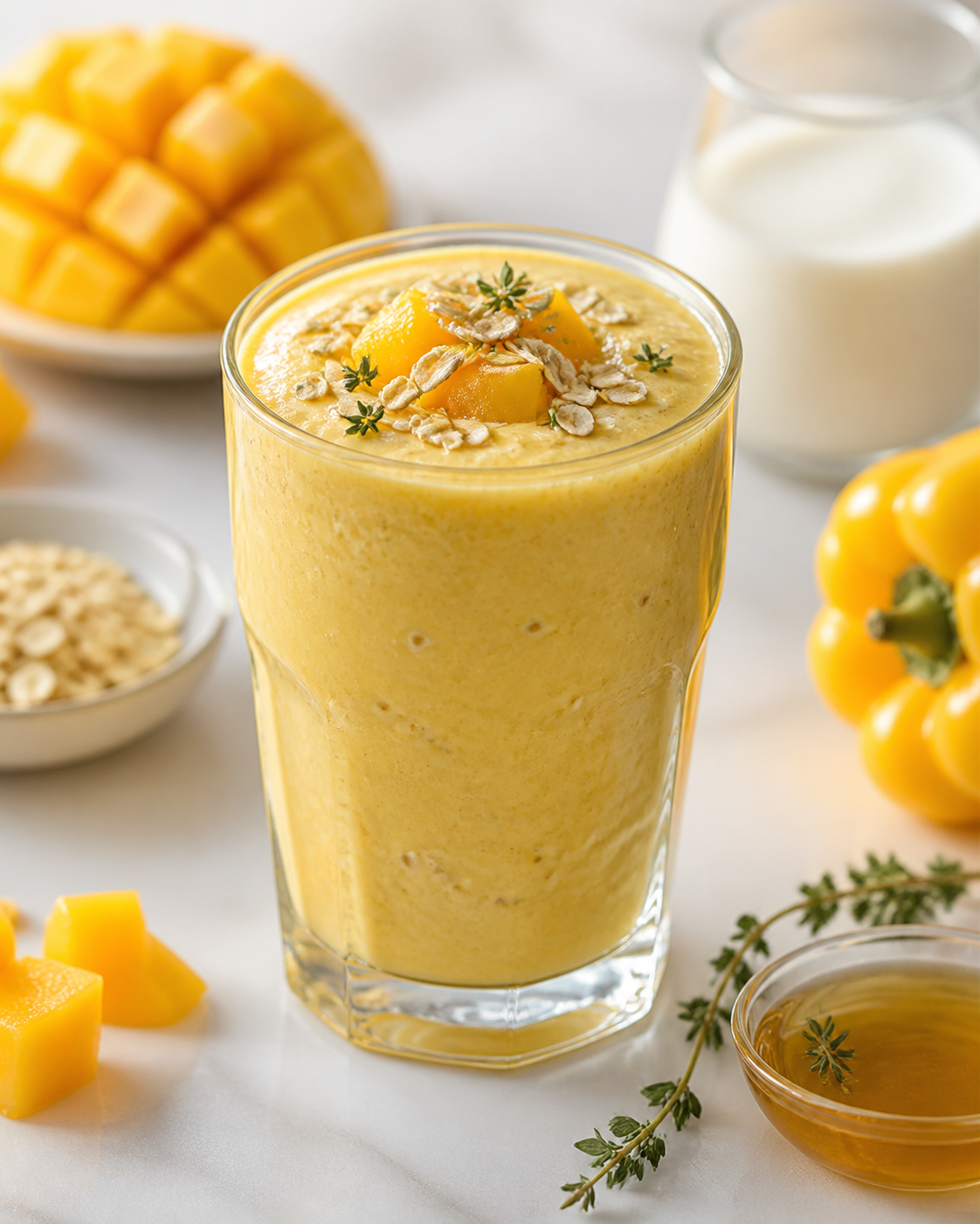 Golden Forest Smoothie with Mango, Yellow Bell Pepper, Kefir, Oats and Thyme Honey