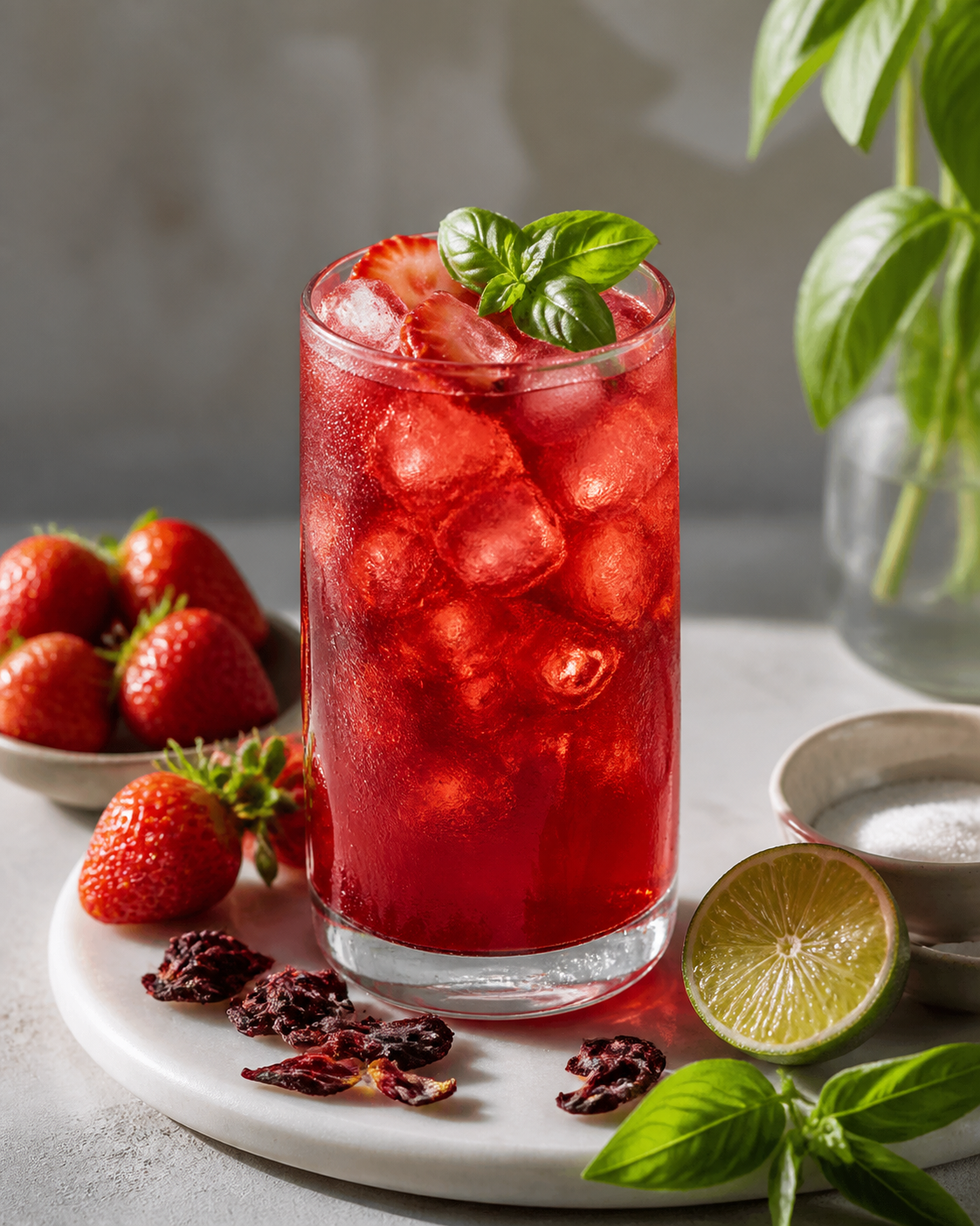 Iced Roasted Strawberry, Lime and Hibiscus Tea Soda with Lemon Basil