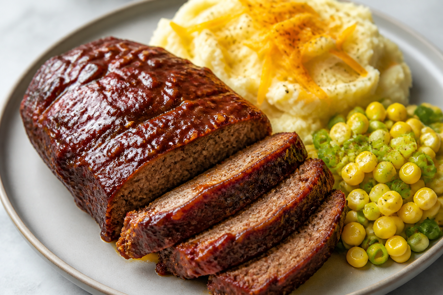 Pastel de carne BBQ de café y melaza con puré de coliflor cheddar y ensalada tibia de maíz con cebollín