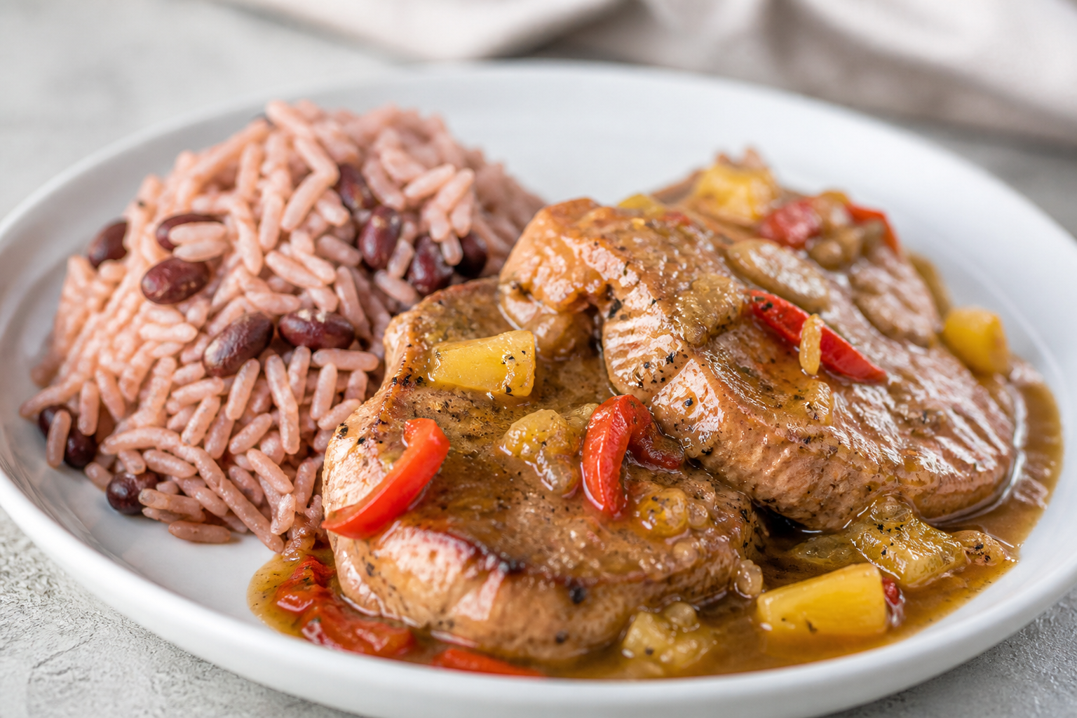 Caribbean Pork Chops in Coconut, Pineapple and Sweet Pepper Sauce with Red Bean Rice