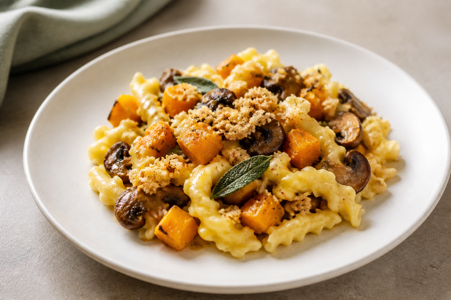 Campanelle con crema de calabaza y salvia, setas balsámicas y crumble de castaña al pecorino