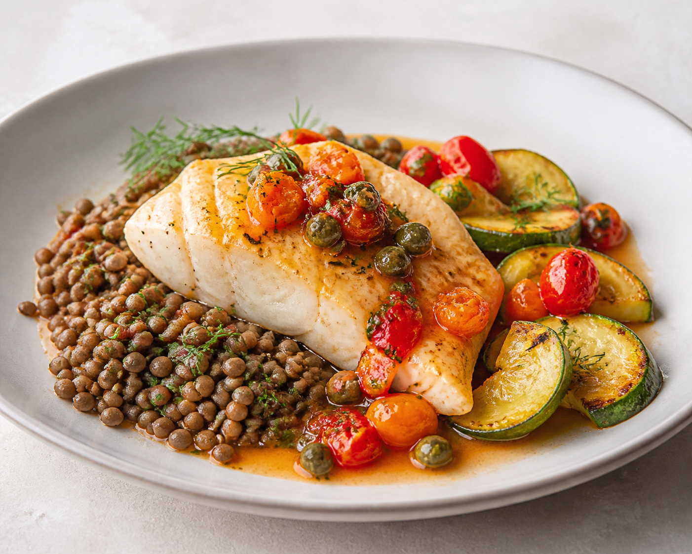 Mediterranean hake with warm tomato, caper and orange sauce, dill lentils and golden zucchini