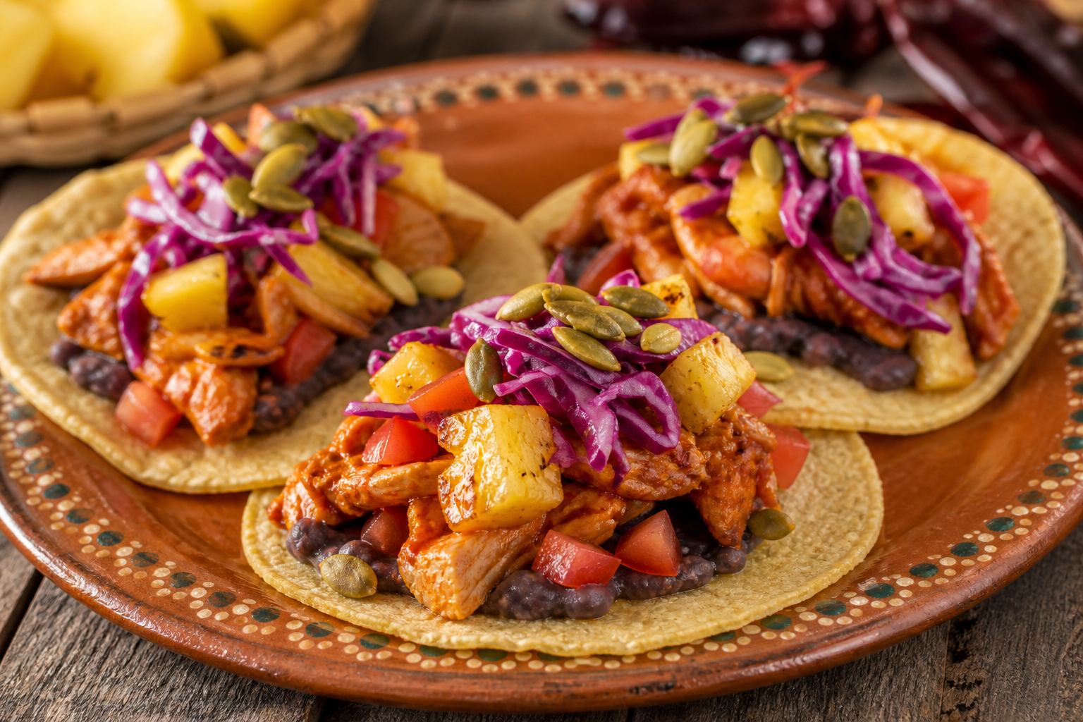 Tacos de pollo al adobo de chile guajillo y piña asada con frijoles negros cremosos y ensalada de col morada con pepita