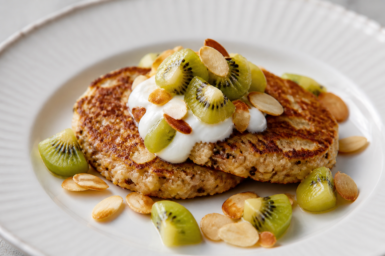 Quinoa Lemon Griddle Cakes with Whipped Vanilla Yogurt, Warm Kiwi and Toasted Almonds