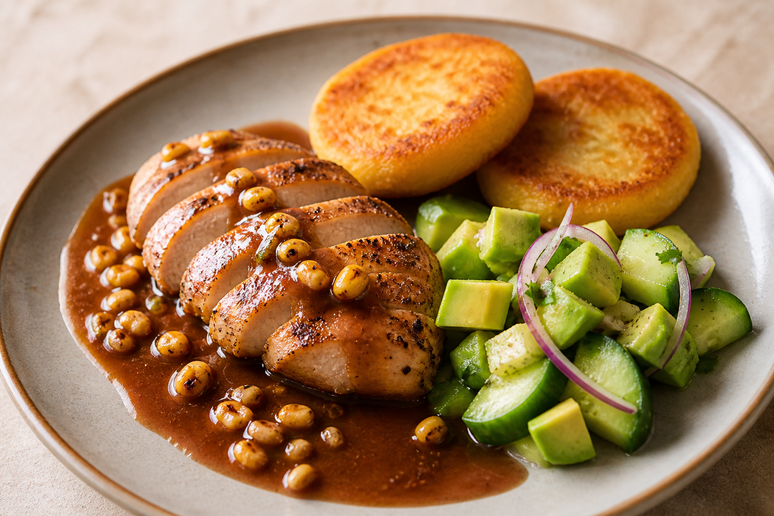 Chicken Breast in Tamarind and Toasted Corn Sauce with Yuca Cakes and Fresh Avocado Cucumber Salad