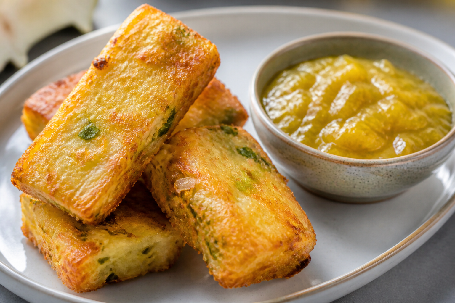 Bastones crujientes de yuca, puerro y gouda con dip de piña asada y lima