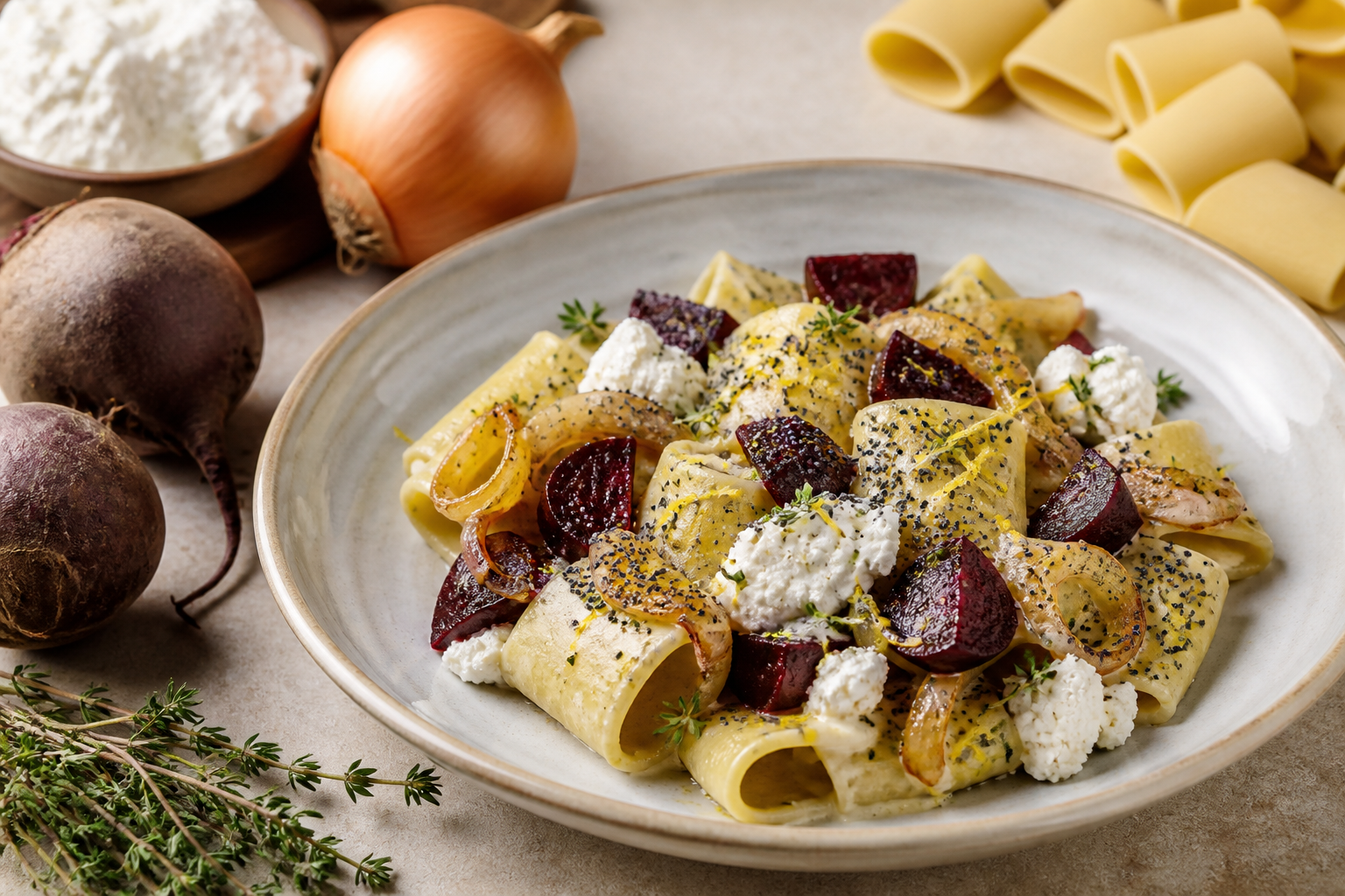 Paccheri cremosa de remolacha asada, cebolla caramelizada y ricotta con amapola, limón y tomillo