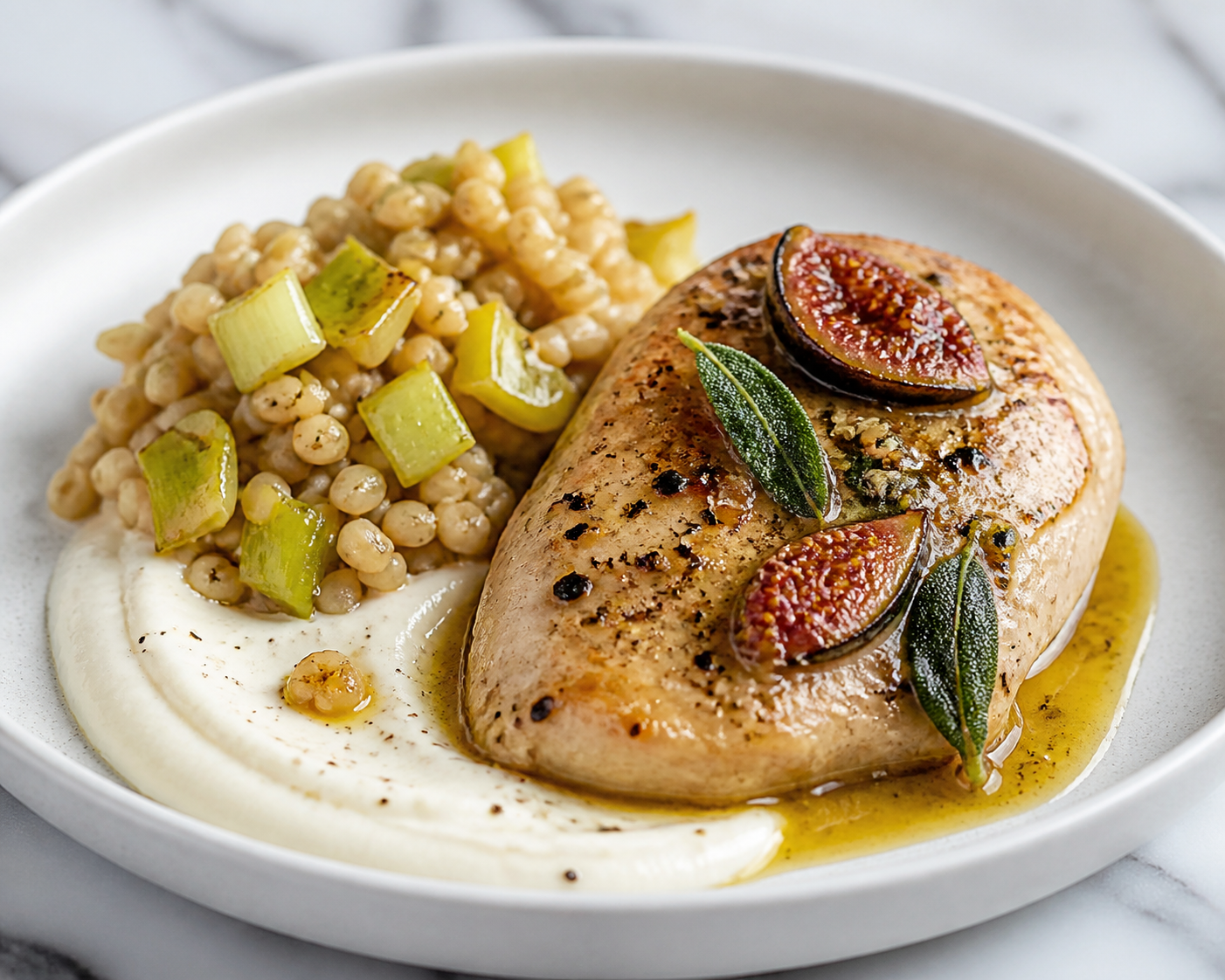 Pollo al horno con mantequilla de higos y salvia, crema de coliflor al ajo y cebada perlada con puerro dorado
