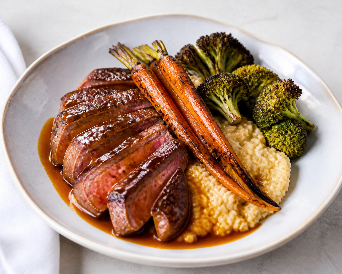 Beef Steak with Charred Carrot, Miso and Orange Sauce, served with Creamy Millet and Roasted Broccoli