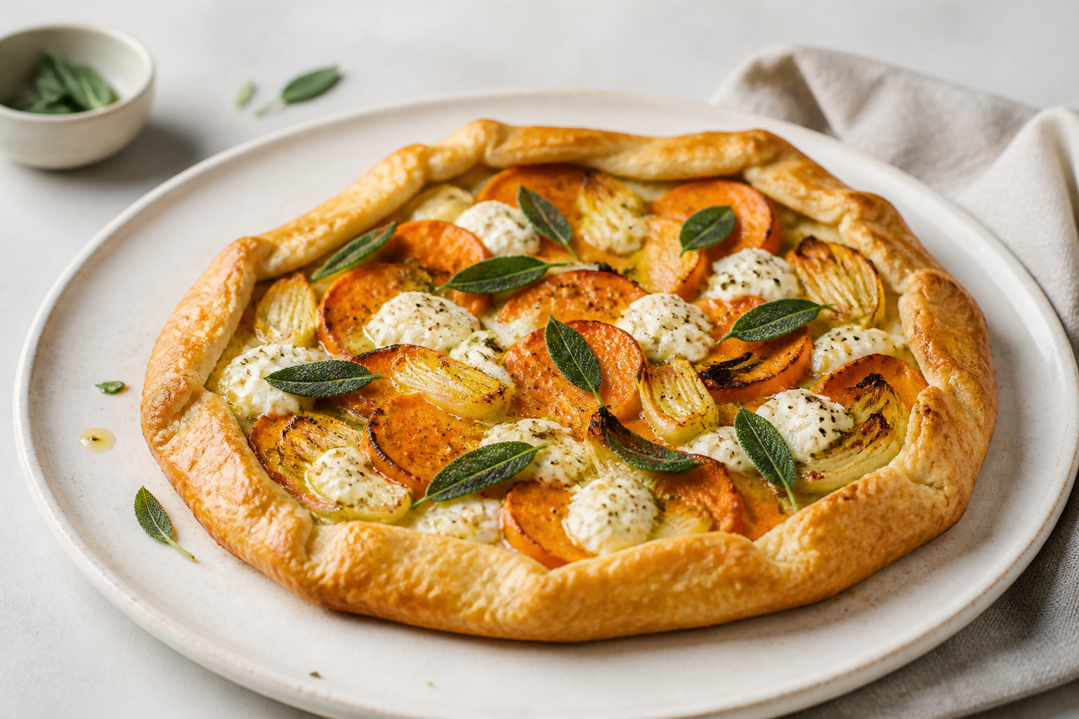 Galette crujiente de boniato, puerro y ricotta al limón con mantequilla de salvia