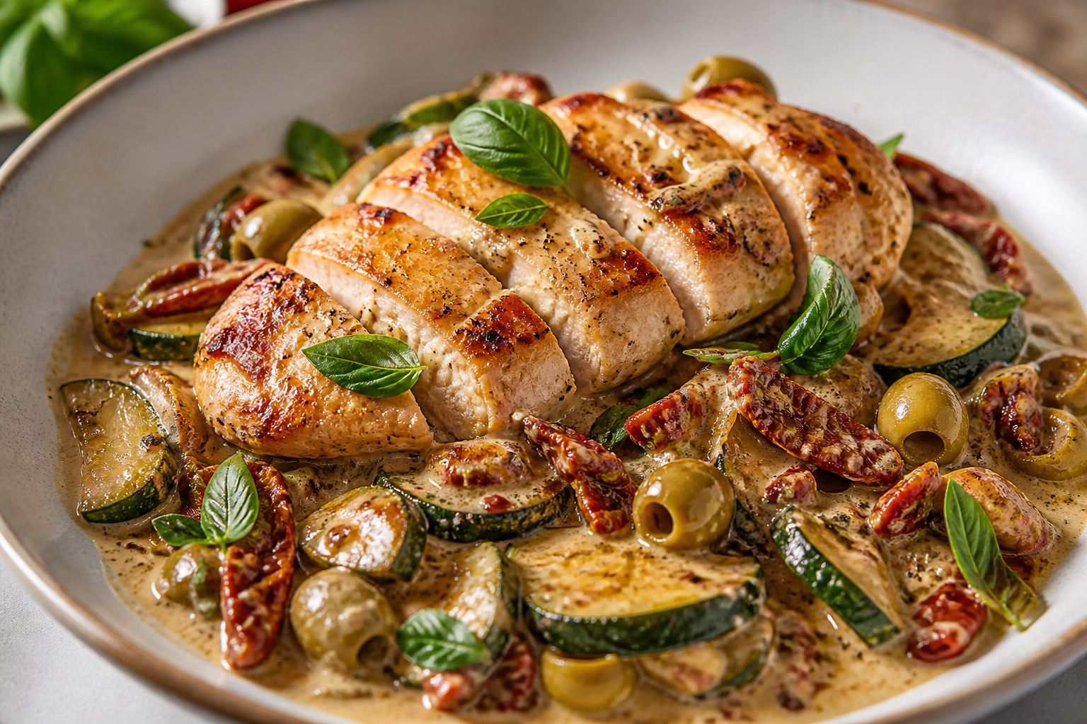 Keto Chicken Skillet with Creamy Sun-Dried Tomato, Olive and Basil Sauce with Seared Zucchini