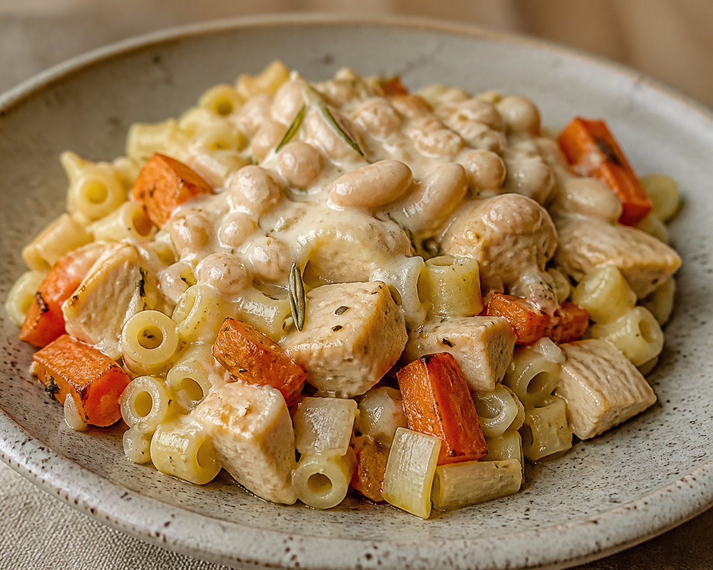 Pastel Familiar de Pasta Ditalini con Pollo al Romero, Zanahoria Asada y Tapa Cremosa de Frijol Blanco