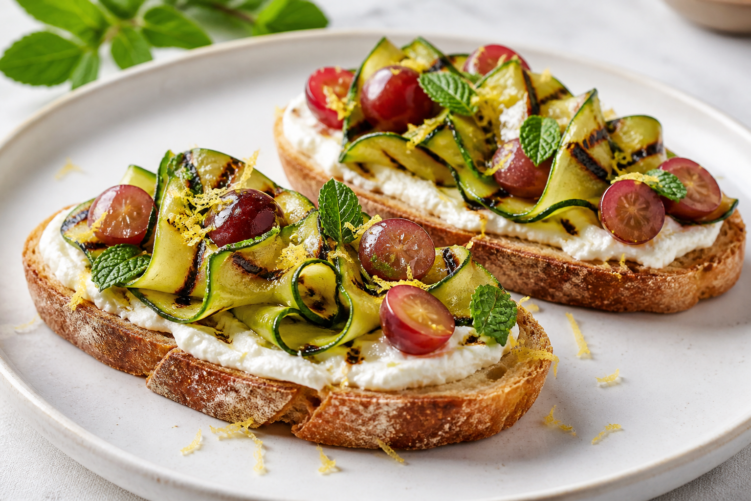 Express Toasts with Whipped Feta, Griddled Zucchini, Red Grapes and Lemon Mint