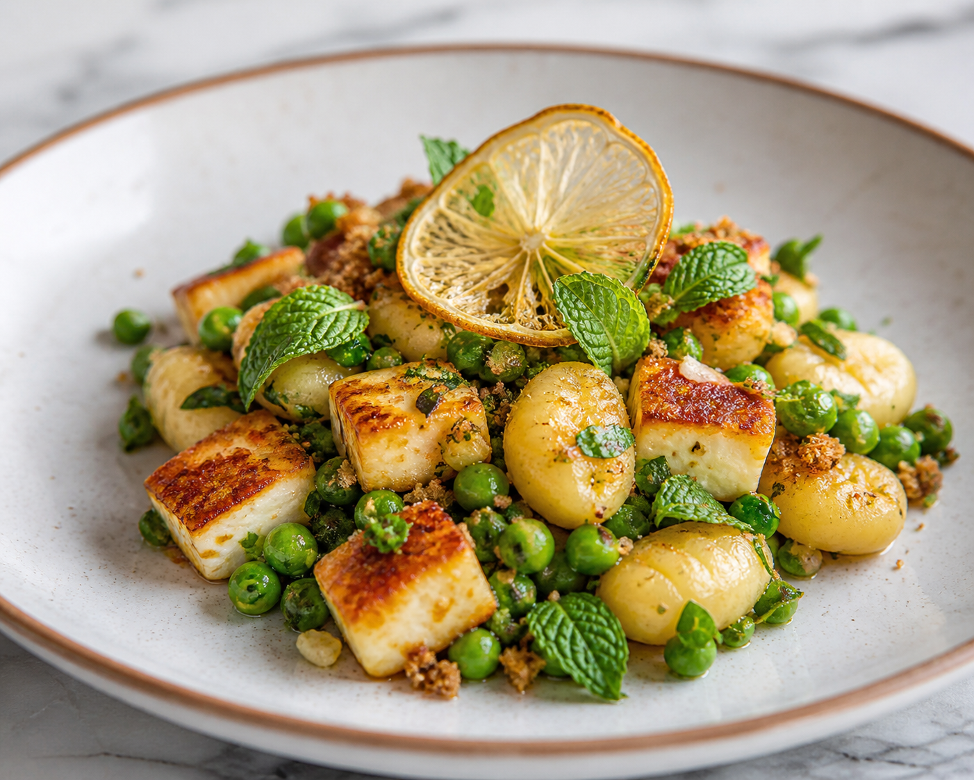 Quick Pea and Mint Gnocchi with Golden Halloumi and Crispy Lemon