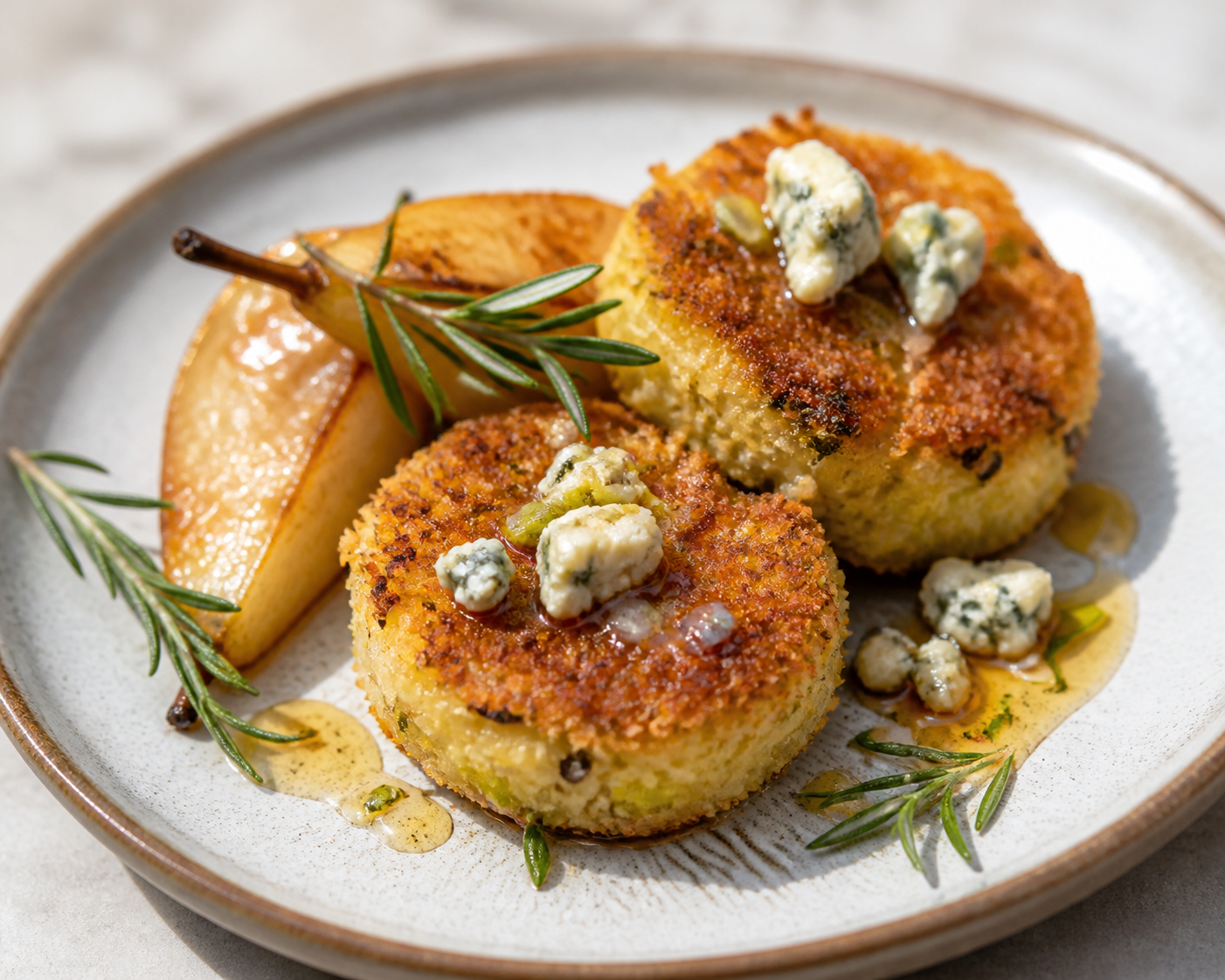 Crispy Air Fryer Potato-Leek and Blue Cheese Cakes with Roasted Pear and Rosemary Honey