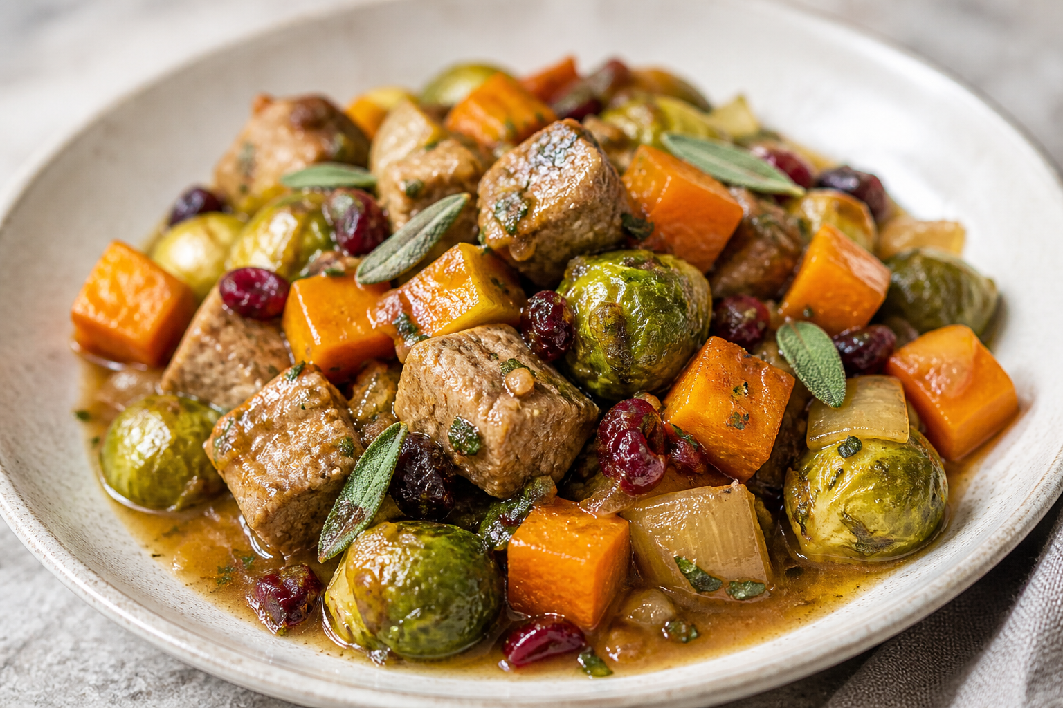 Slow Cooker Pork with Sweet Potato, Brussels Sprouts and Gentle Cider-Cranberry Sage Sauce