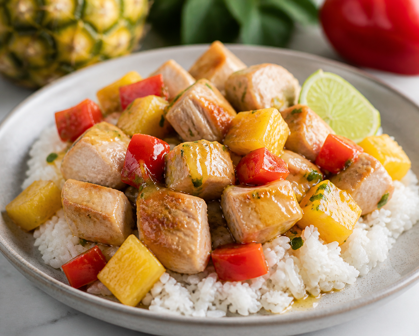 Instant Pot de cerdo con piña, pimiento rojo y arroz jazmín al coco y lima