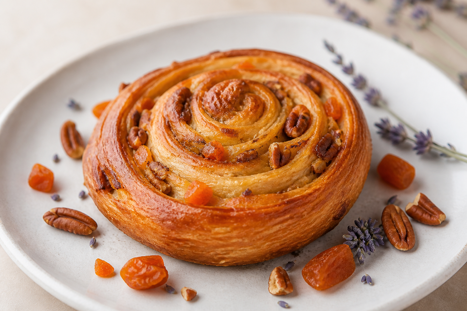 Espiral de Panadería con Mantequilla de Lavanda Culinaria, Chabacano Asado y Nuez Pecana Crocante
