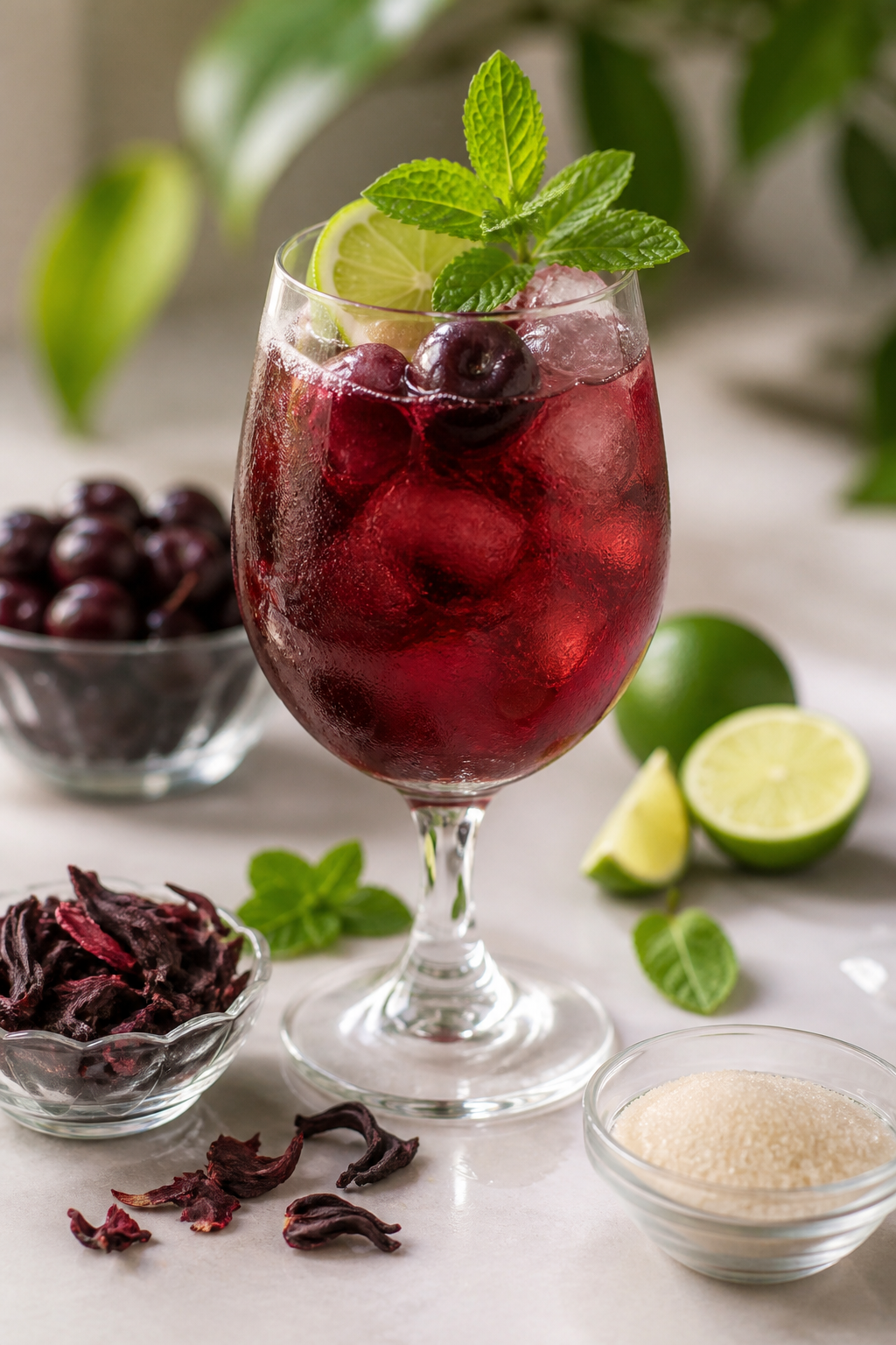 Iced black cherry, lime and hibiscus tea soda with fresh mint
