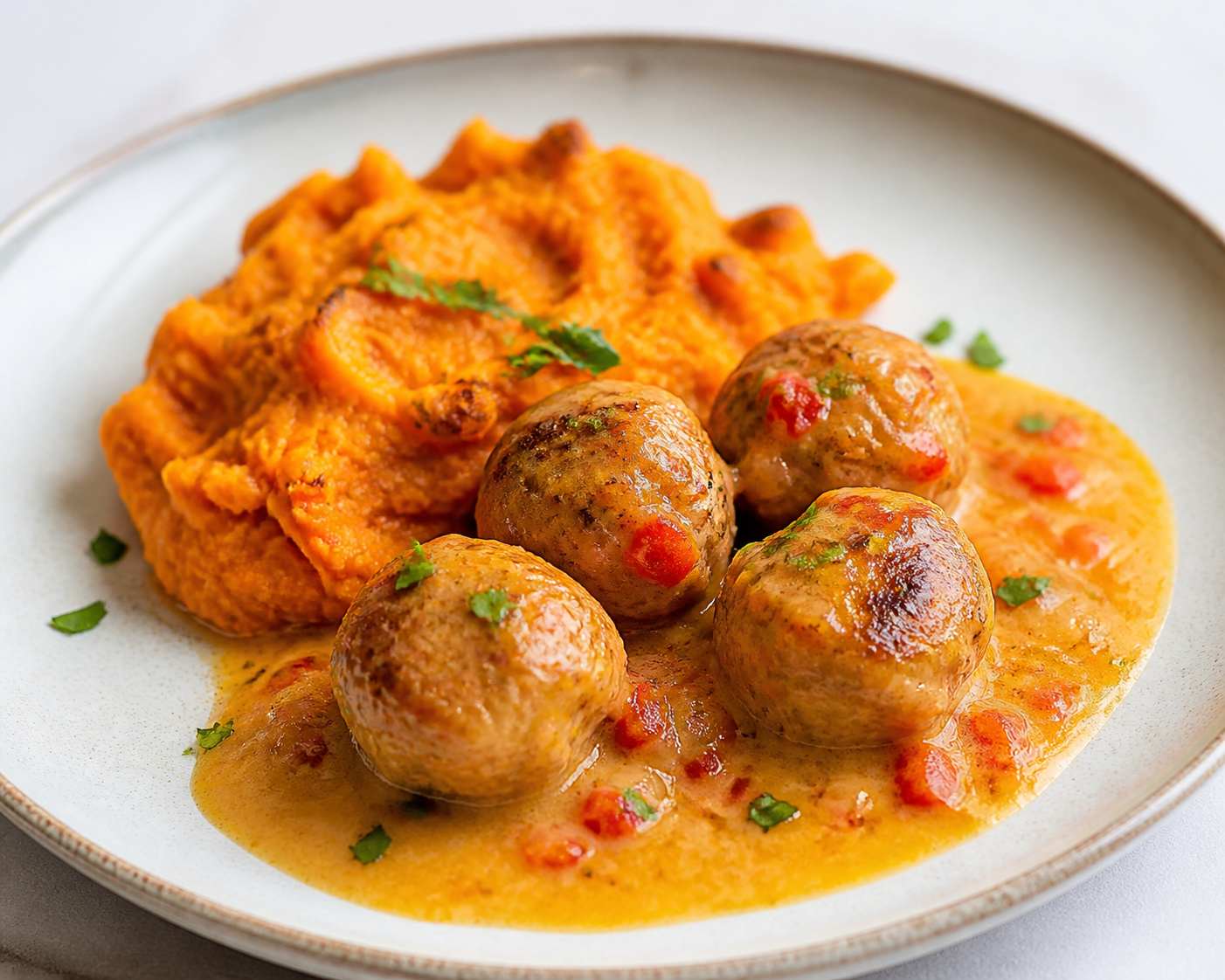 Albóndigas Caribeñas de Pavo en Salsa de Coco, Lima y Ají Dulce con Puré de Batata Asada