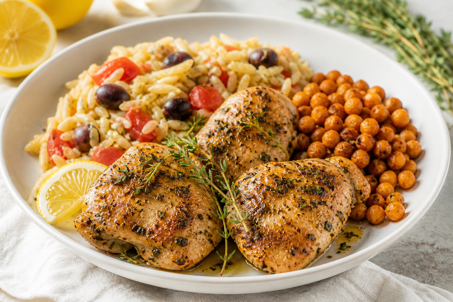 Muslos de pollo mediterráneos al limón y tomillo con arroz de tomate, aceitunas y garbanzos crujientes