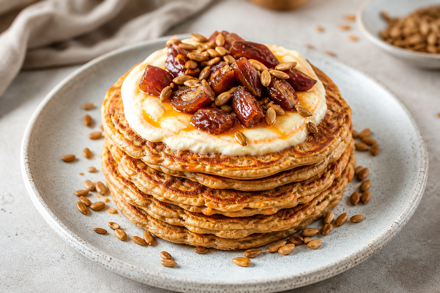 Carrot Oat Pancakes with Orange Yogurt, Warm Dates, and Spiced Sunflower Seeds