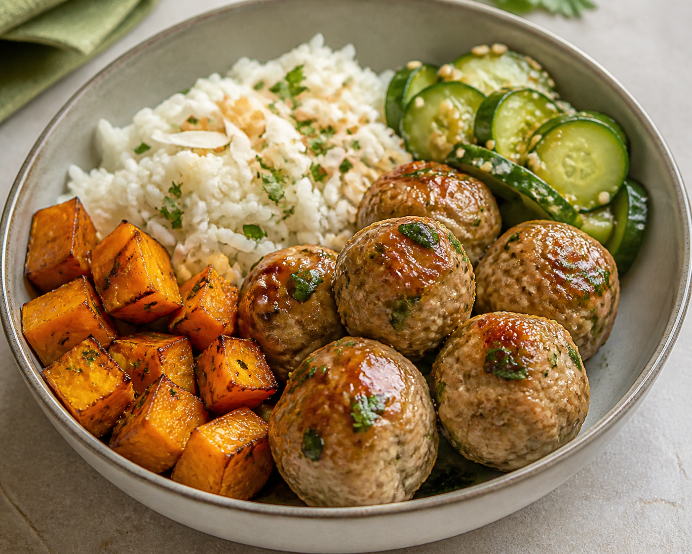 Warm bowl of ginger chicken meatballs with coconut-lime rice, roasted squash, and crunchy sesame cucumber