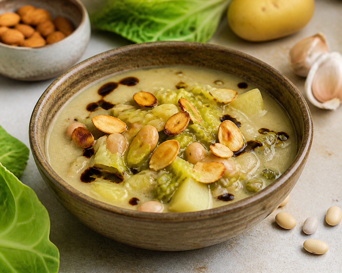Creamy Roasted Cabbage, Potato and Bean Soup with Black Garlic Oil and Toasted Almonds