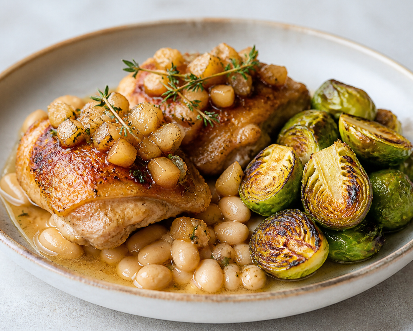 Roasted Chicken with Toasted Pear-Thyme Sauce, Creamy Garlic White Beans and Seared Brussels Sprouts