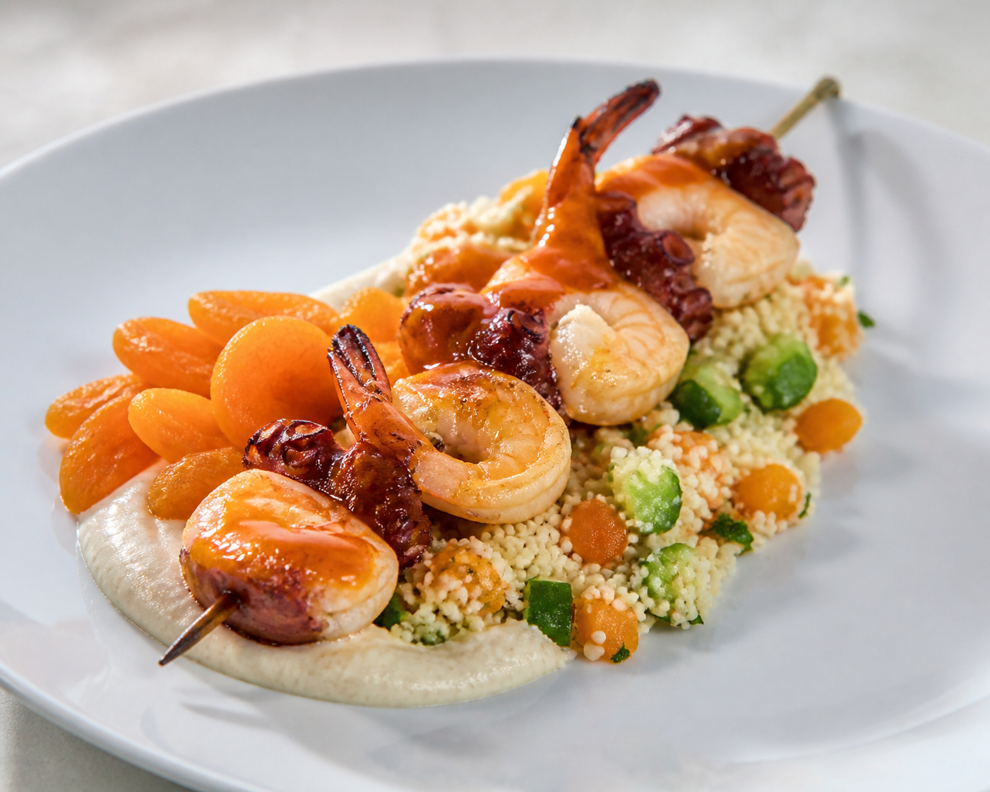 Brochetas marinas de pulpo y gambones con glaseado de albaricoque y pimentón, crema de coliflor al comino y cuscús de pepino y menta