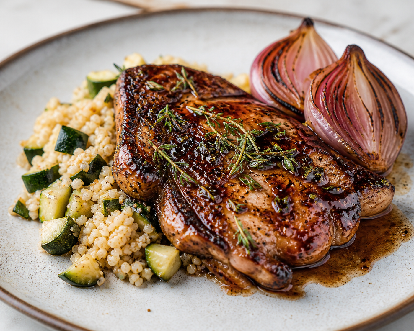 Pork Shoulder Steak Lacquered with Pomegranate Molasses and Thyme, with Creamy Zucchini Bulgur and Roasted Onion