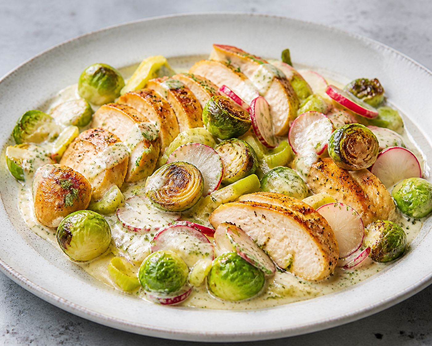 Sartén Keto de Pollo en Crema de Puerro, Rábano y Queso Boursin con Coles de Bruselas Doradas