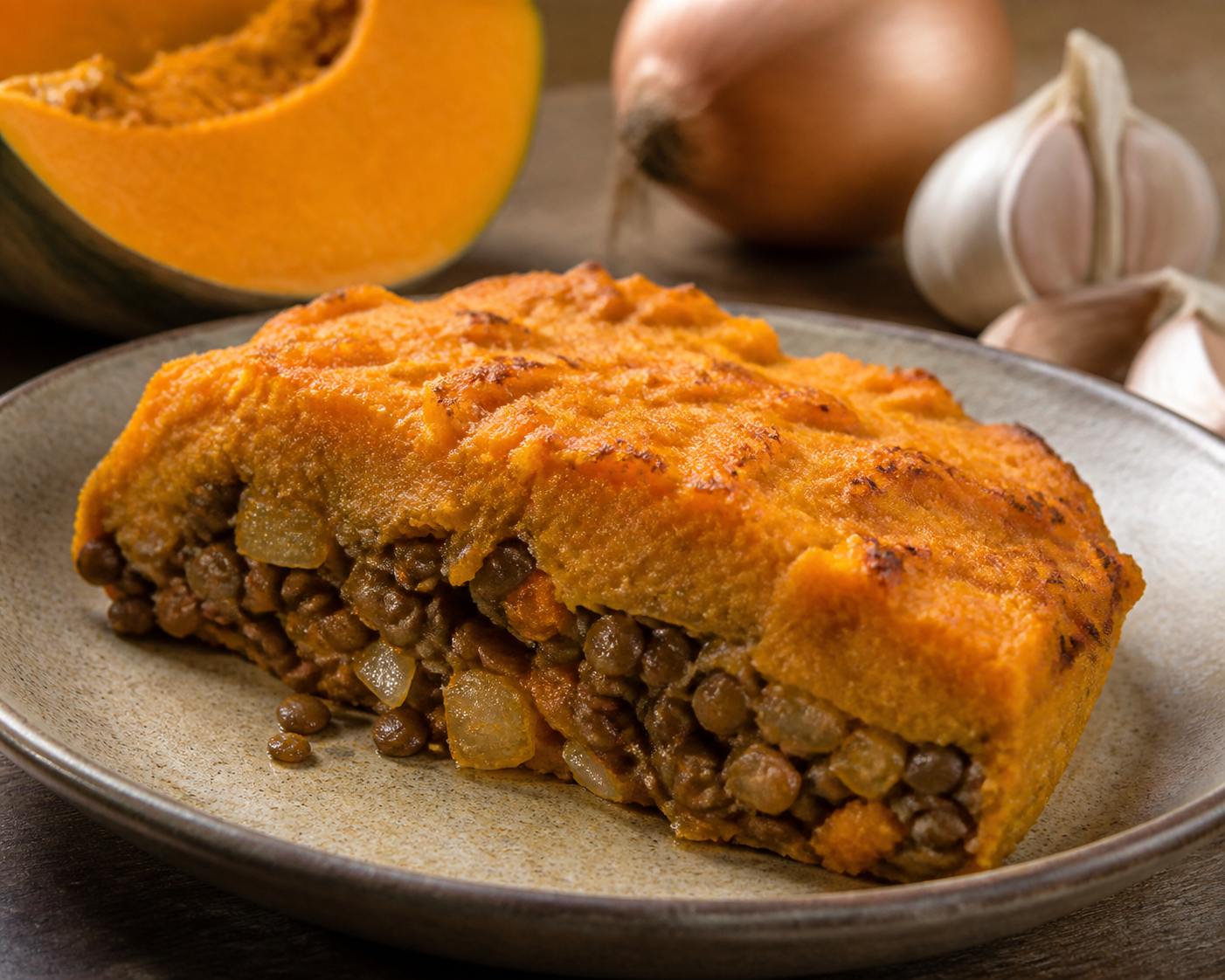Tarta Económica Rústica de Lentejas, Cebolla y Puré de Calabaza