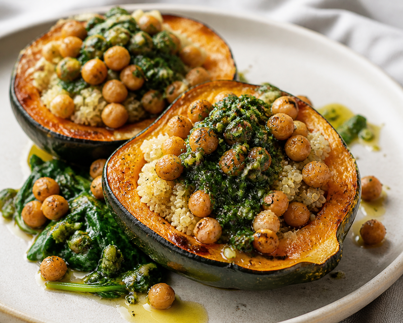 Roasted Acorn Squash with Lemon Quinoa, Crispy White Beans, and Warm Spinach Chimichurri