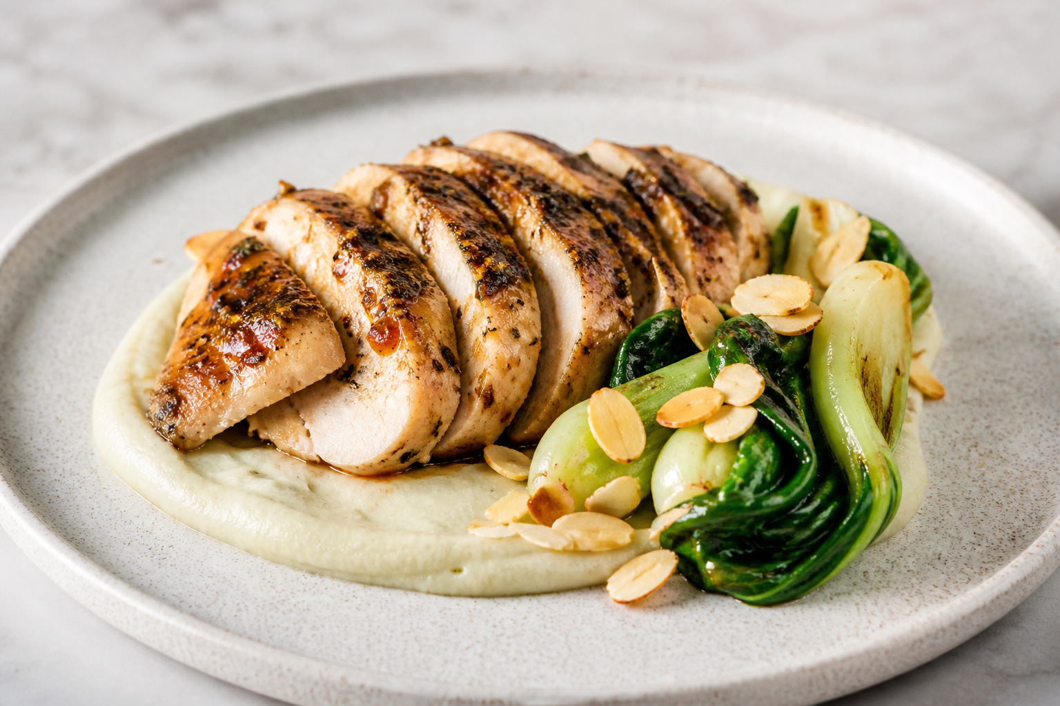 Pollo al comino y naranja amarga con puré de coliflor y apio, pak choi salteado y almendras tostadas