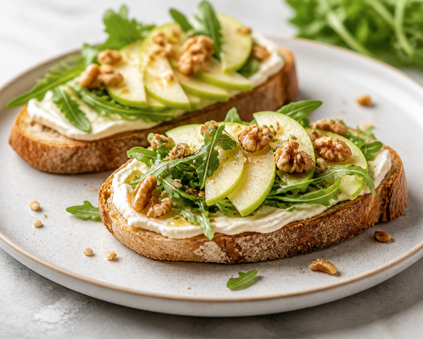 Quick Toasts with Soft Manchego Cream, Green Apple, Arugula and Toasted Walnut