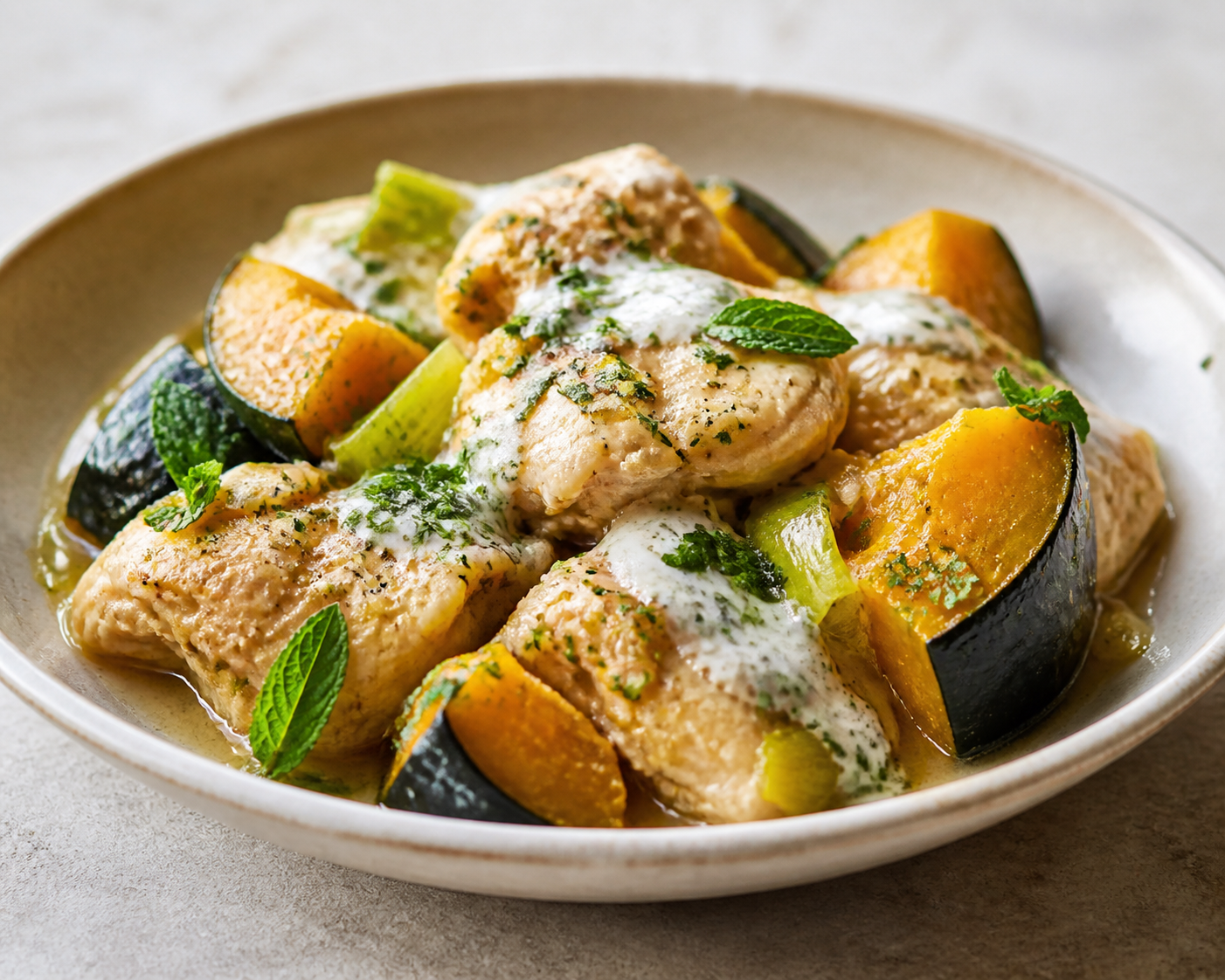 Pollo en slow cooker con calabaza bellota, puerro y salsa suave de yogur, menta y limón
