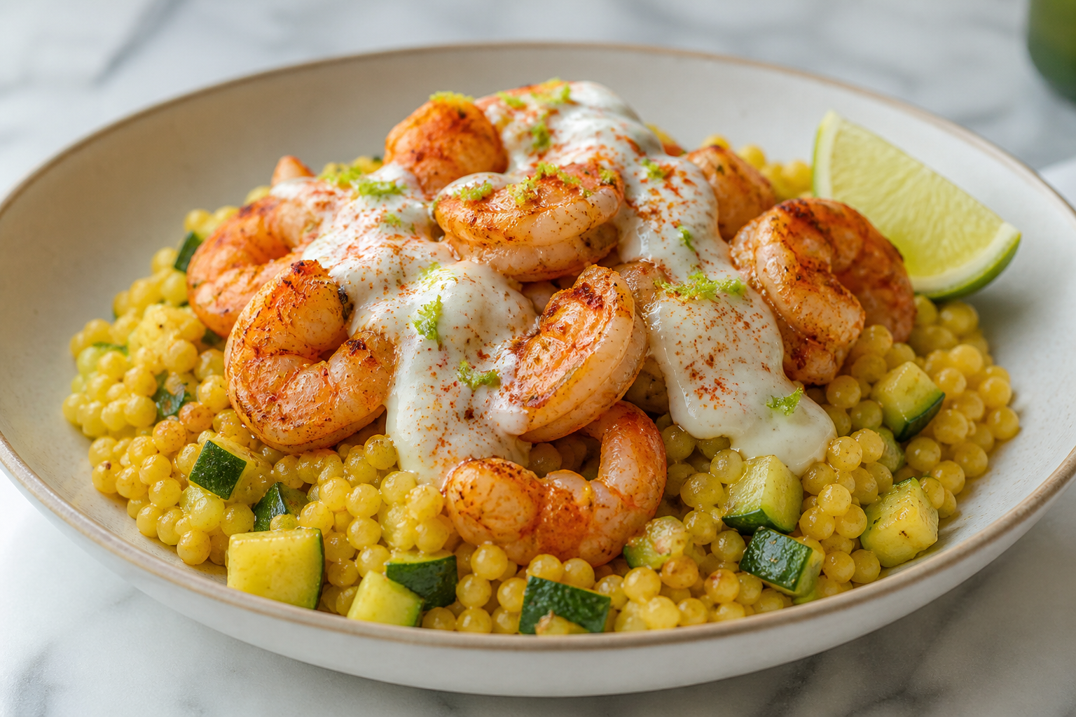 Express saffron zucchini pearl couscous with paprika shrimp and lime yogurt