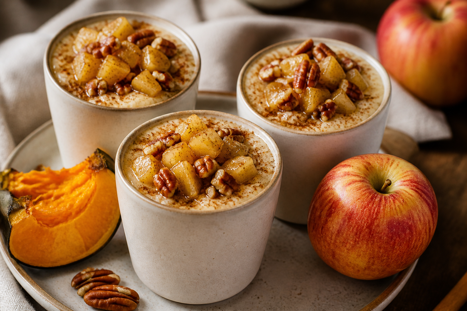 Warm chai-pumpkin cream cups with golden apples and pecan crunch
