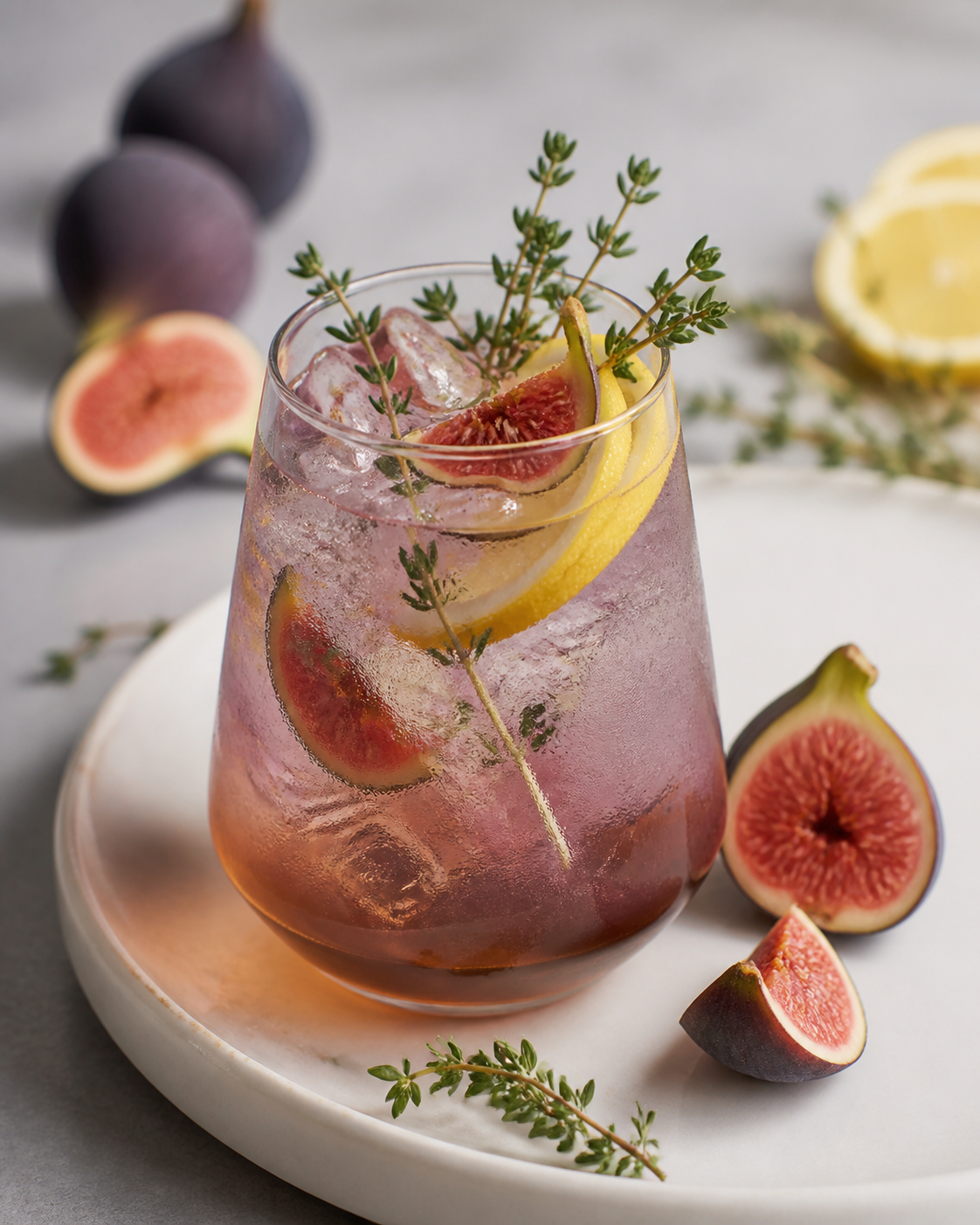 Soda helada de higo morado, limón amarillo y té de bergamota con tomillo fresco