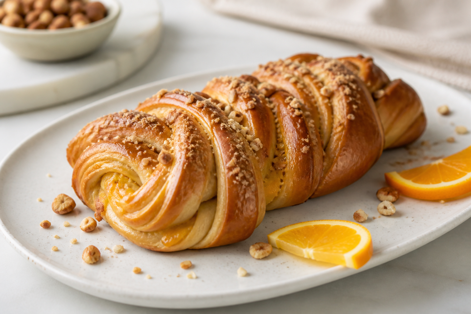 Trenza de Panadería con Mantequilla de Cacao, Naranja y Avellana Crujiente