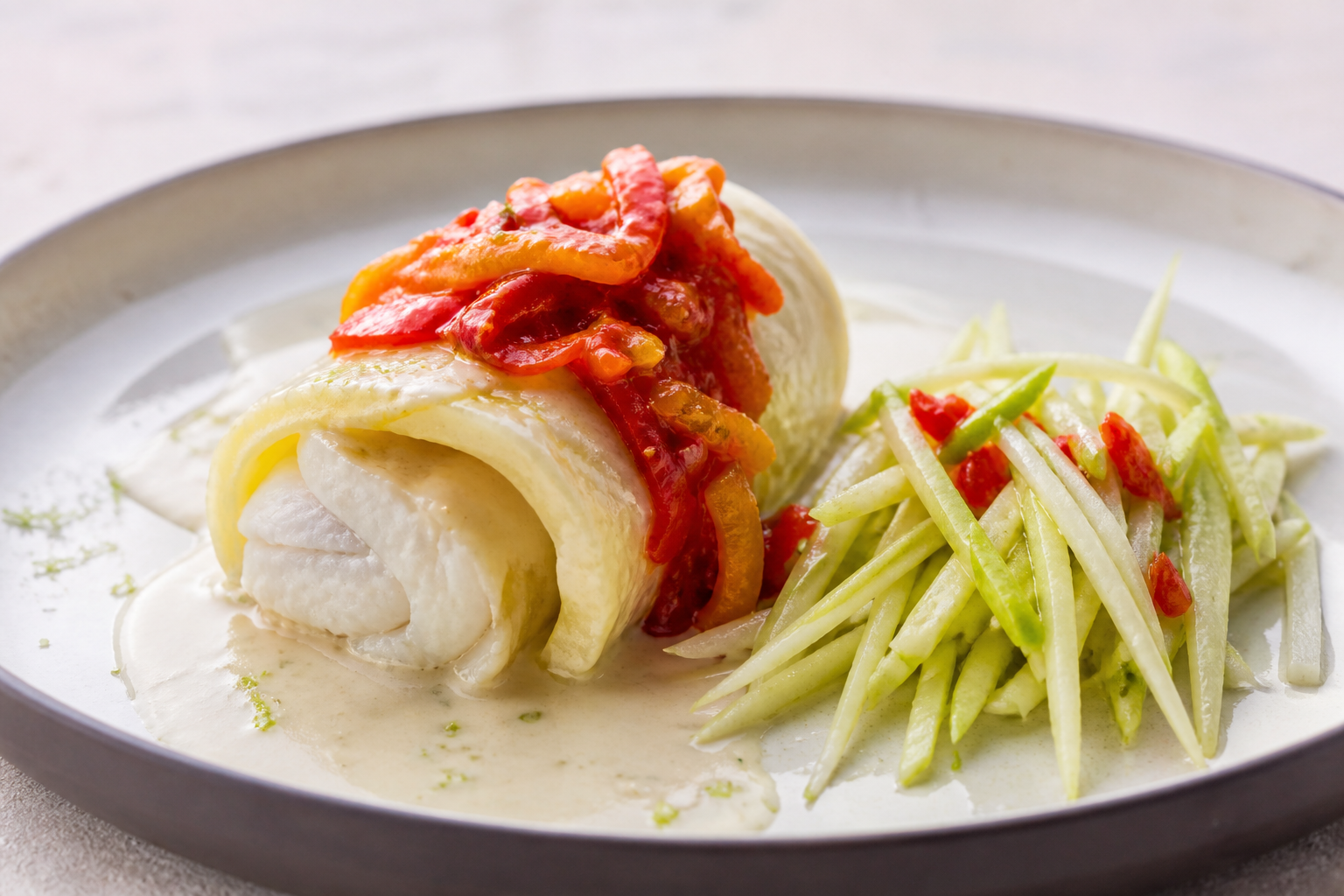 Caribbean Yuca and Fish Roll with Sweet Pepper Sofrito, Citrusy Coconut Sauce, and Green Mango Salad