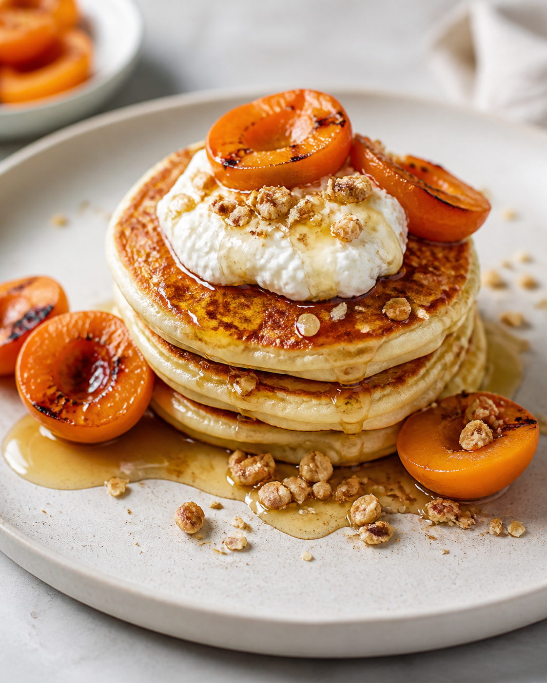 Ricotta and Cardamom Pancakes with Charred Apricots, Orange Blossom Honey, and Hazelnut Crunch