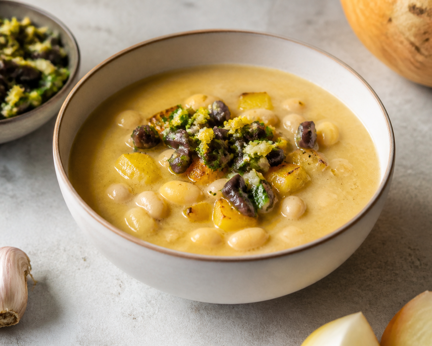 Creamy Roasted Onion, Rutabaga and White Bean Soup with Crunchy Olive-Lemon Gremolata