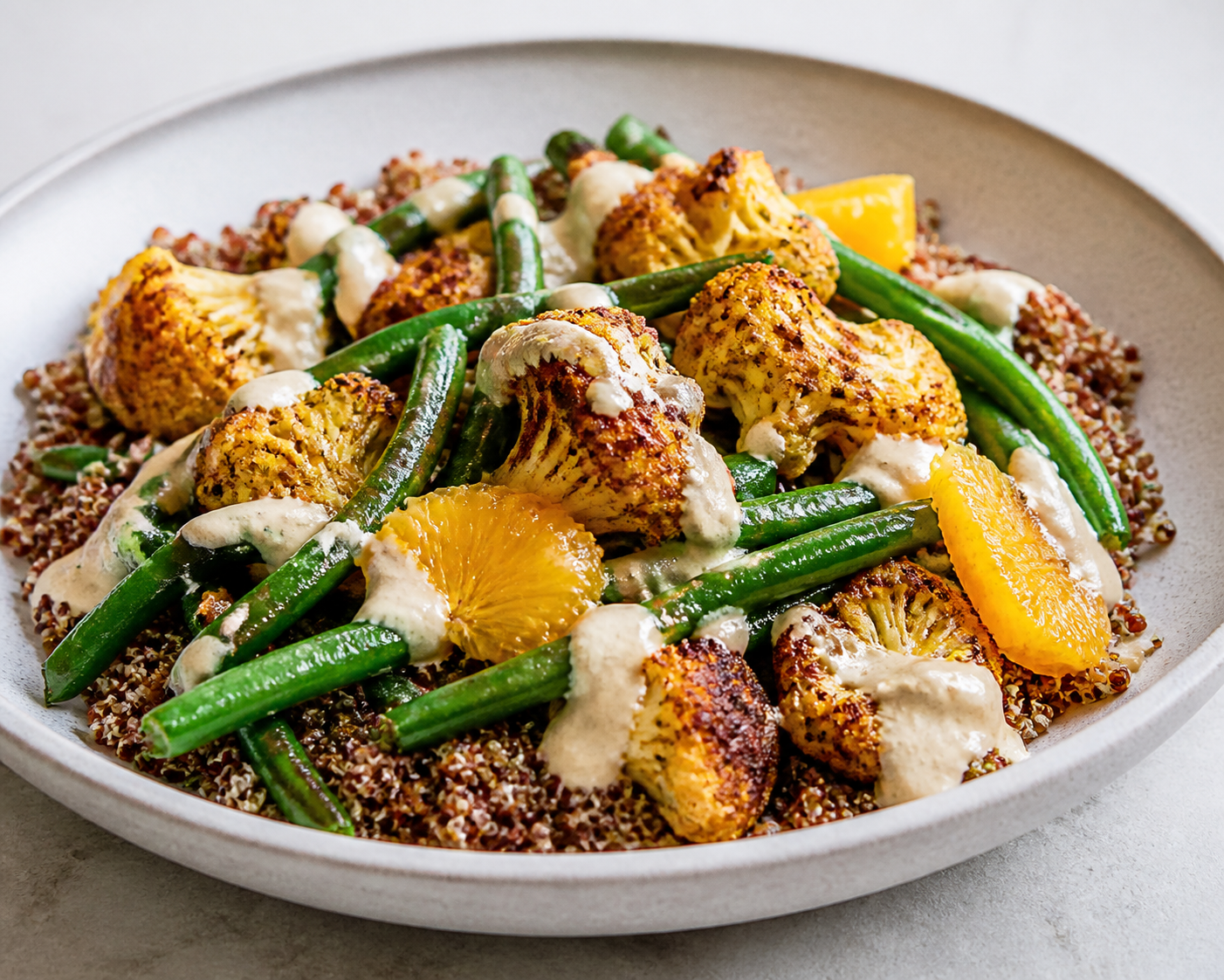 Ensalada tibia de quinoa roja con coliflor especiada, judías verdes salteadas, naranja fresca y crema suave de tahini