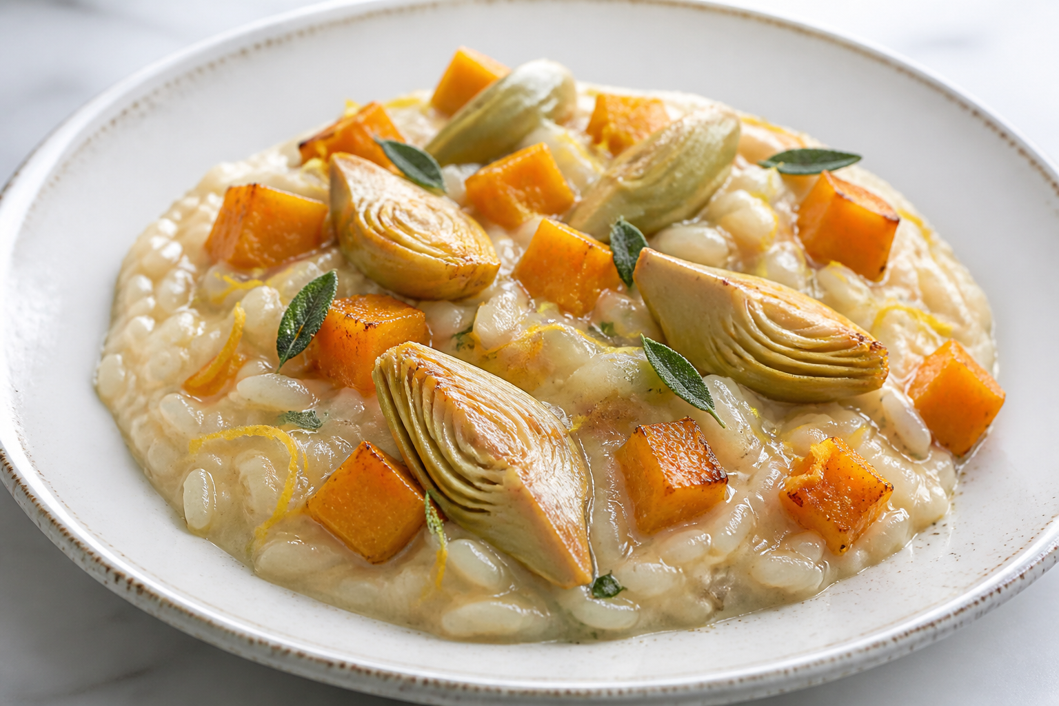 Arroz meloso de alcachofa dorada, calabaza asada y crema ligera de parmesano con salvia y limón