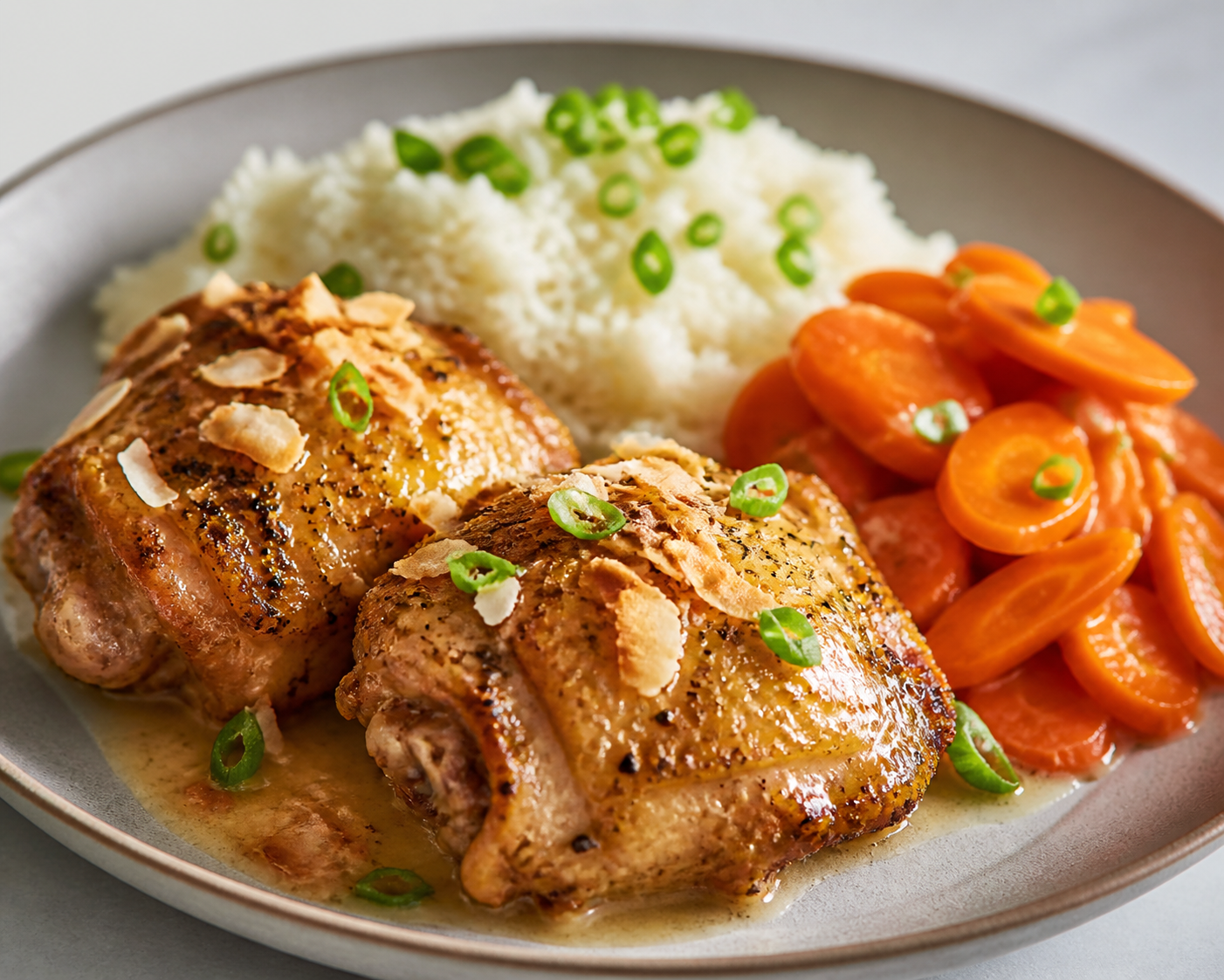 Pollo al horno con salsa de coco tostado y lima kaffir, arroz jazmín con cebolleta y zanahorias glaseadas al jengibre