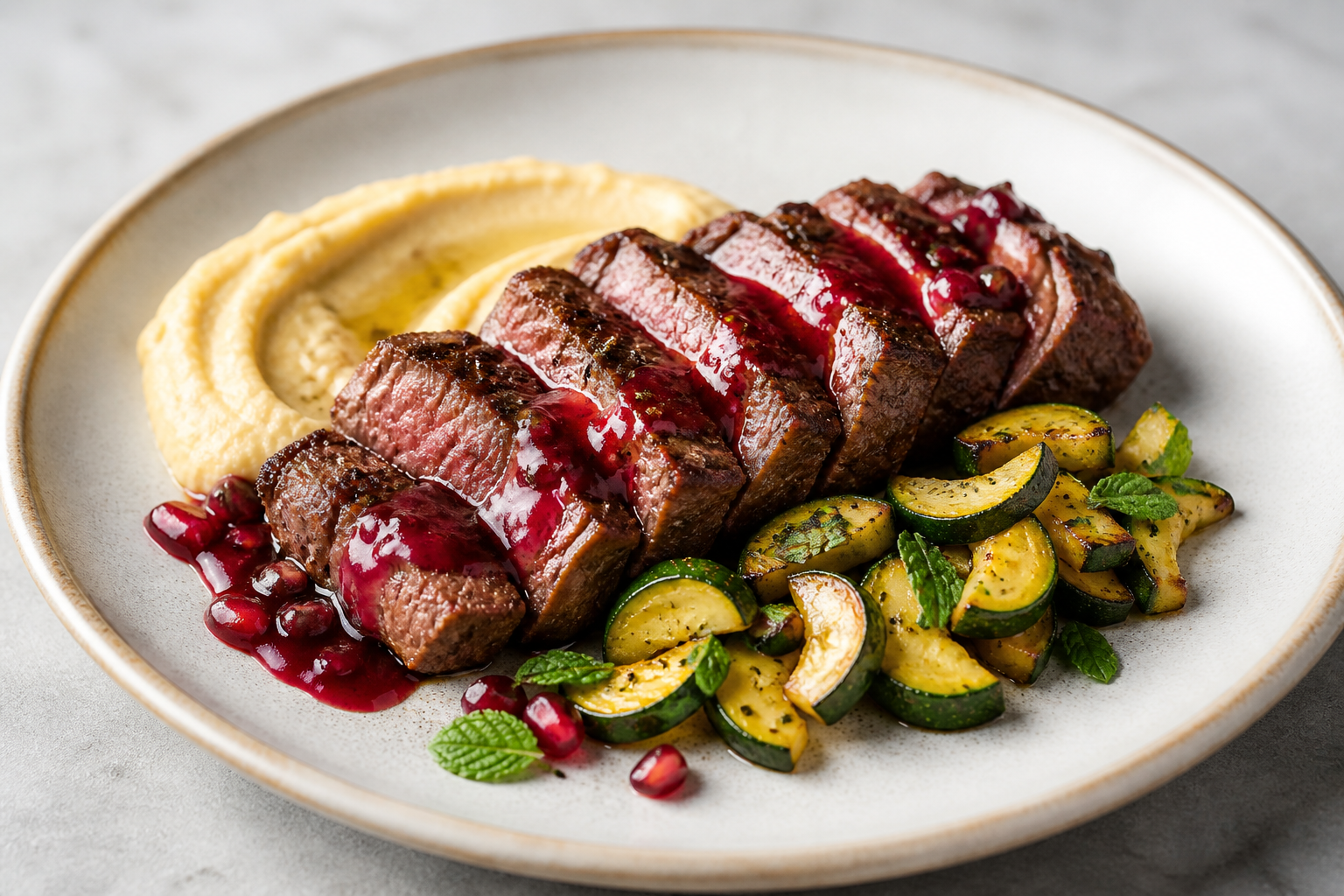 Beef Steak with Pomegranate-Ancho Chile Sauce, Garlic Chickpea Mash, and Golden Zucchini with Mint