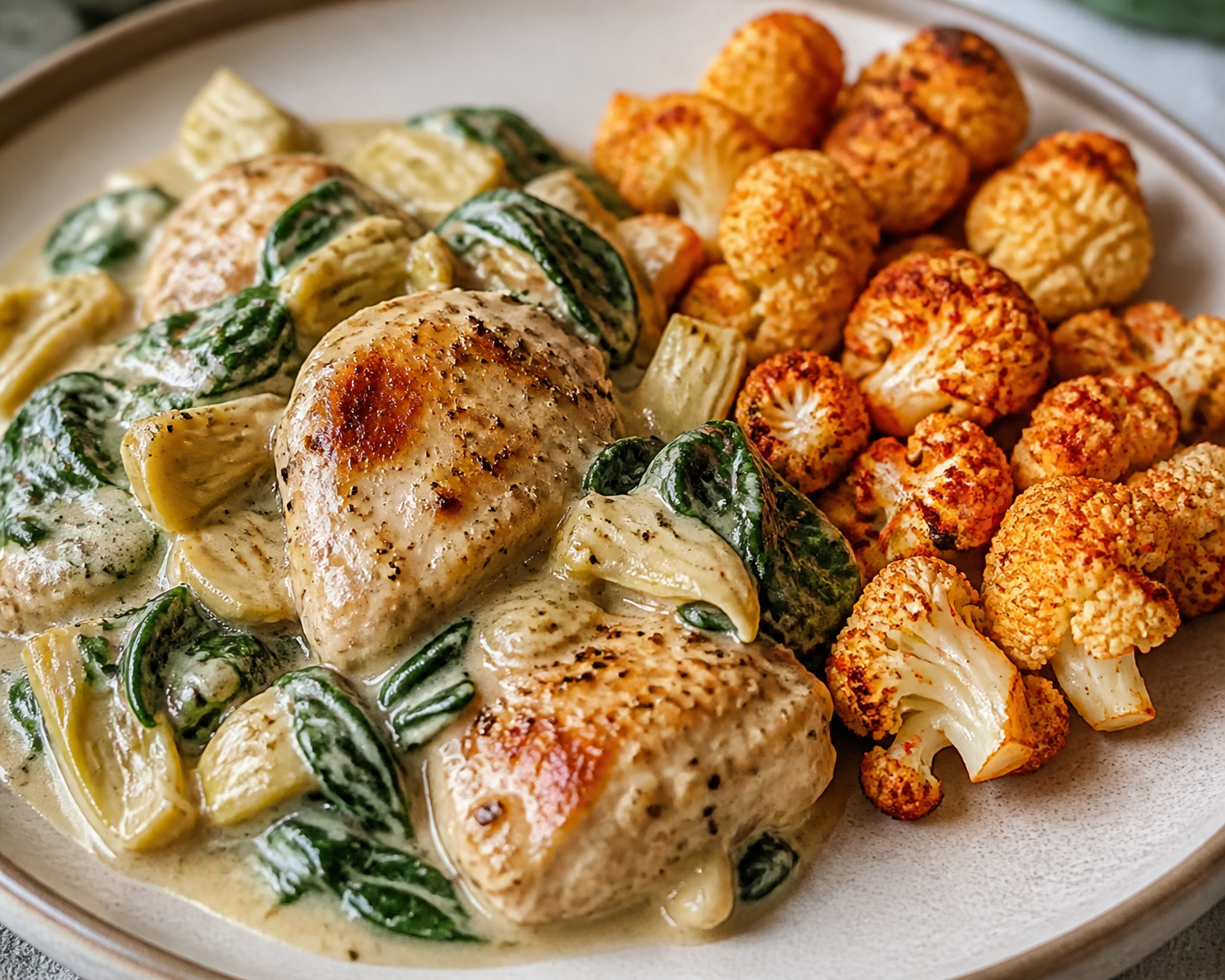Sartén Keto de Pollo en Crema de Manchego Curado, Espinaca y Corazones de Alcachofa con Coliflor al Pimentón