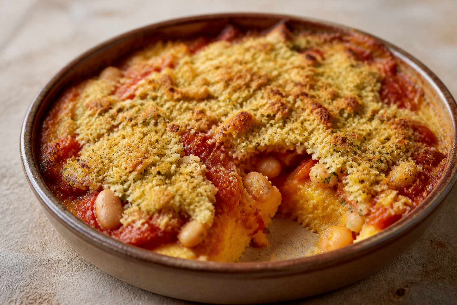 Timbal Económico de Polenta, Frijoles Blancos y Tomate con Costra de Pan al Orégano